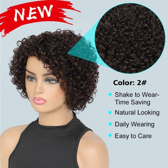 Short Curly Human Hair Wigs For Black Women Dark Brown Human Hair Curly Wigs Non - Picture 2 of 7